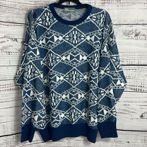 ‎Vintage North country Eaton Sweater Mens XL knit geo print Wool Blend crew Neck